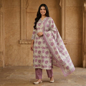 Aabha Lilac Cotton Suit Set (Kota Dupatta)