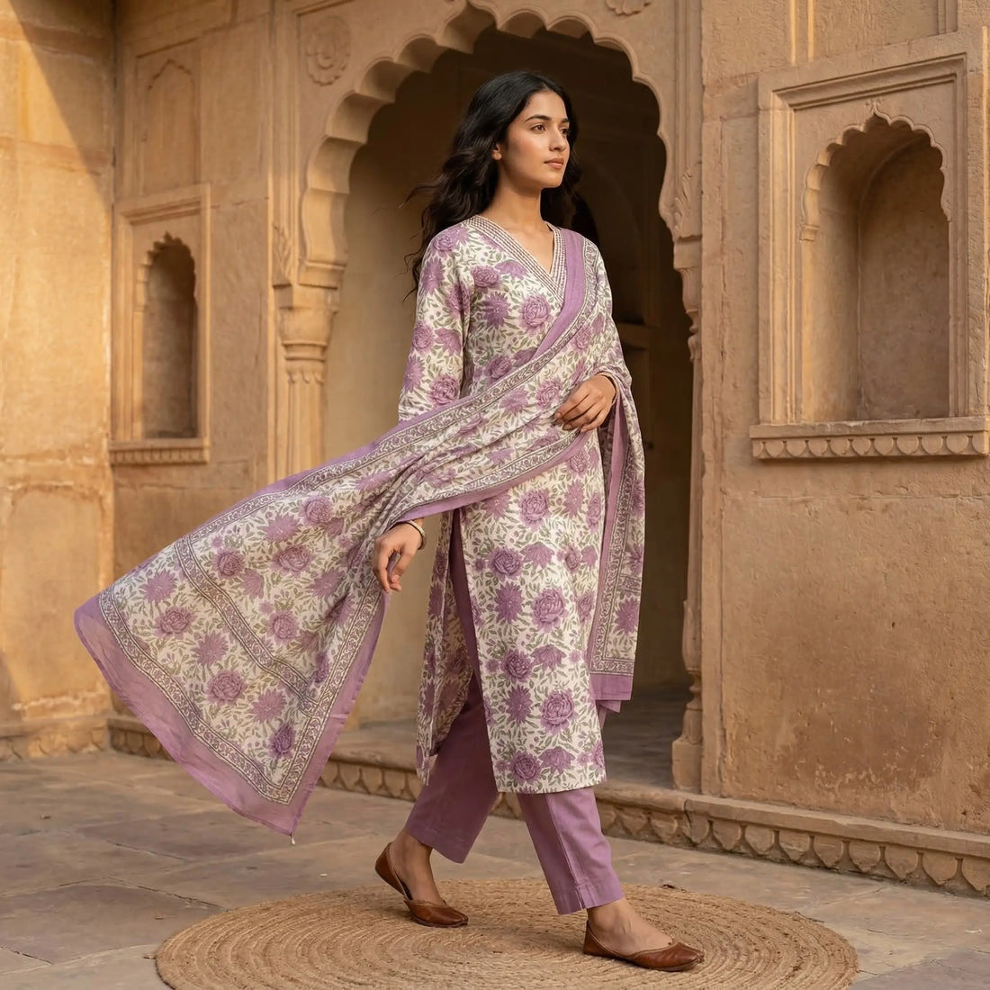 Aabha Lilac Cotton Suit Set (Kota Dupatta)