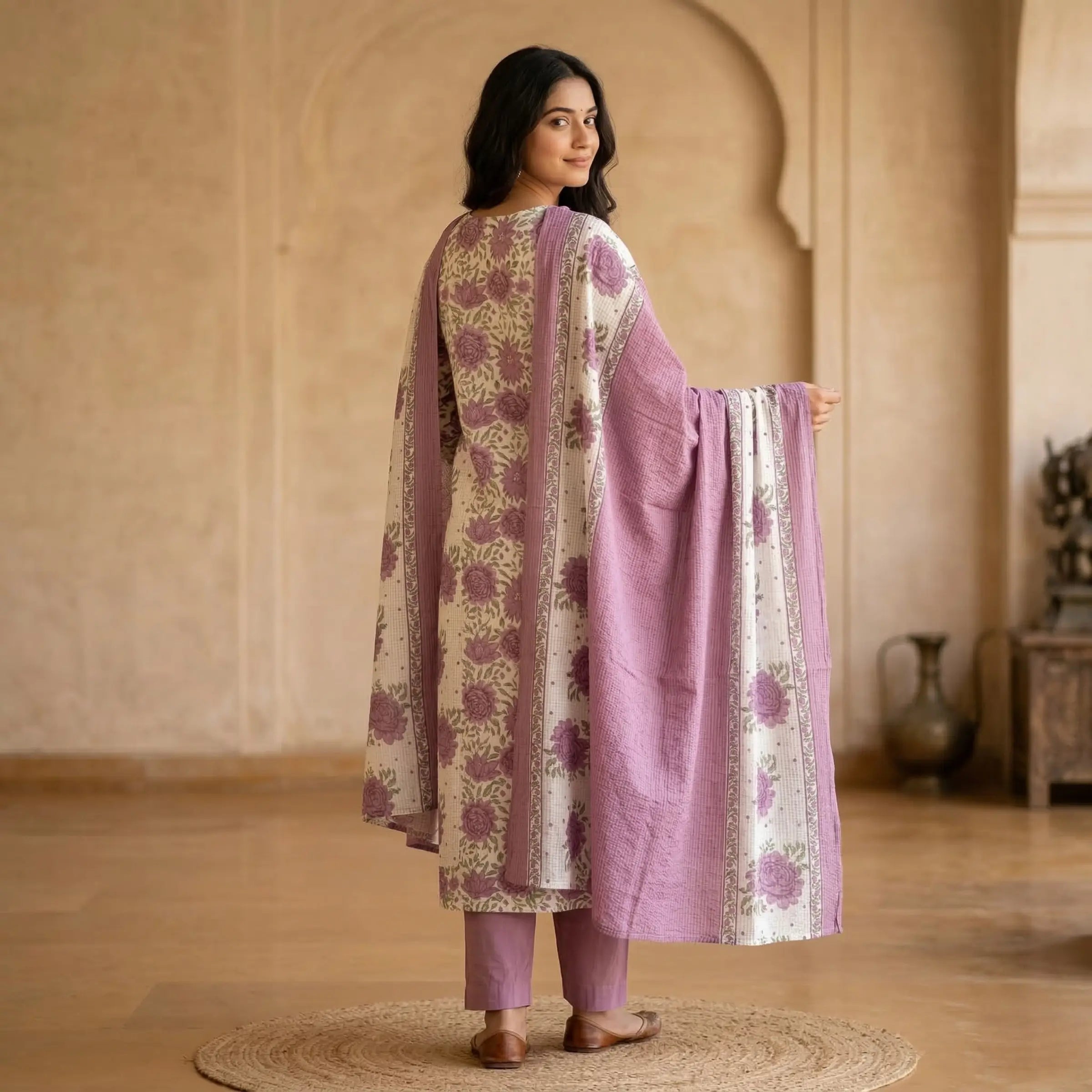 Aabha Lilac Cotton Suit Set (Kota Dupatta)
