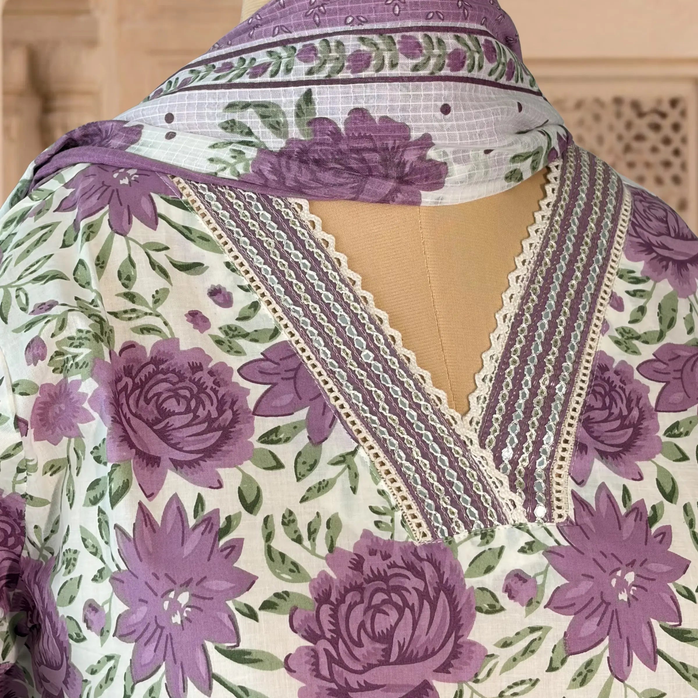 Aabha Lilac Cotton Suit Set (Kota Dupatta)