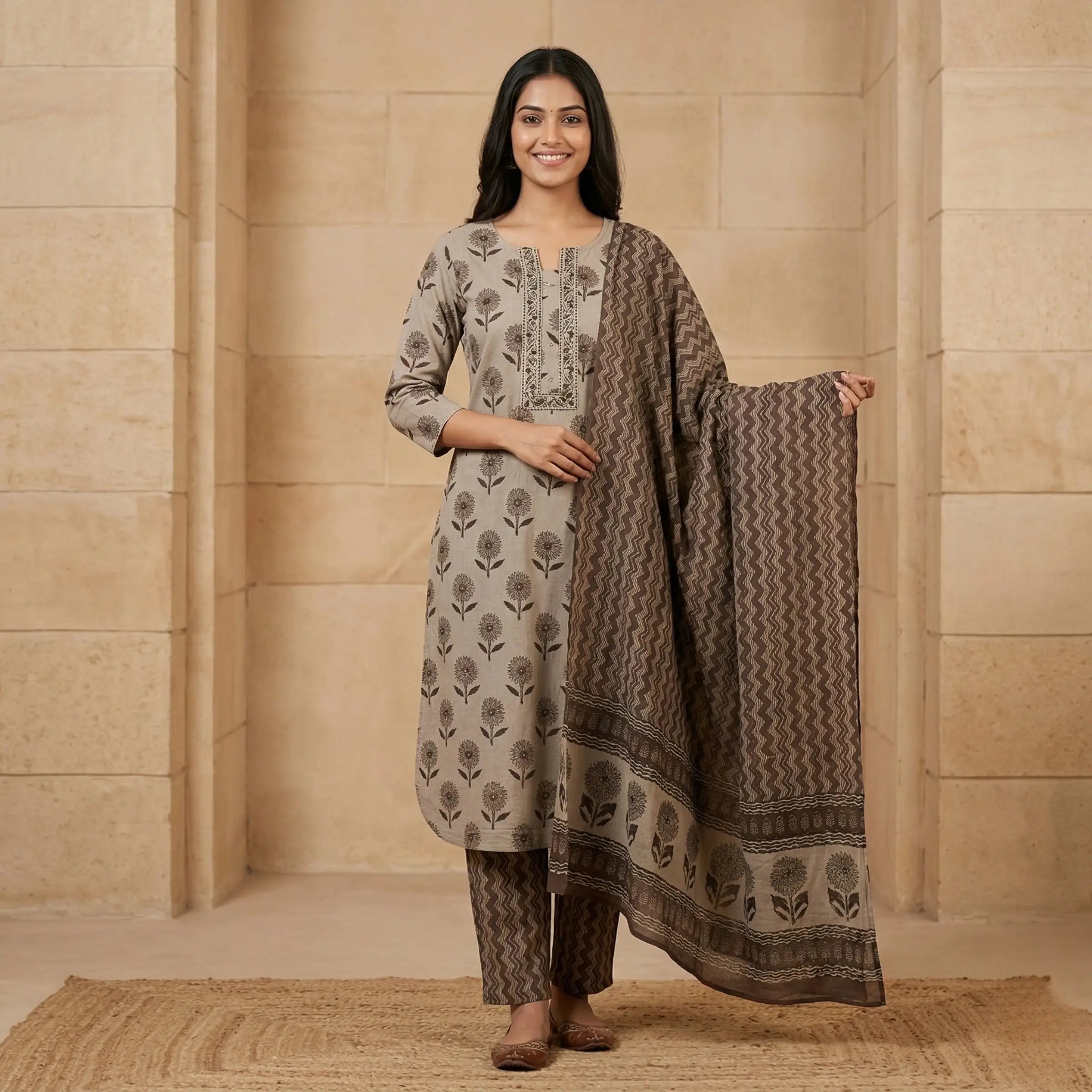 Grey Noir Printed Dupatta Set