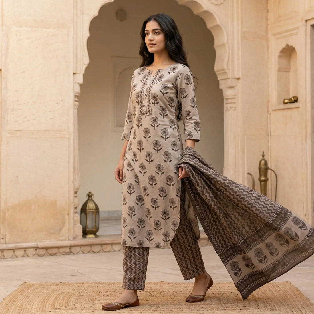 Grey Noir Printed Dupatta Set