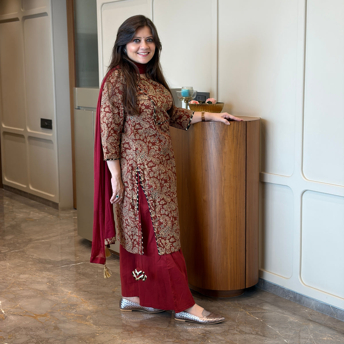 Dastaan Maroon Paisley Printed Cotton Suit Set