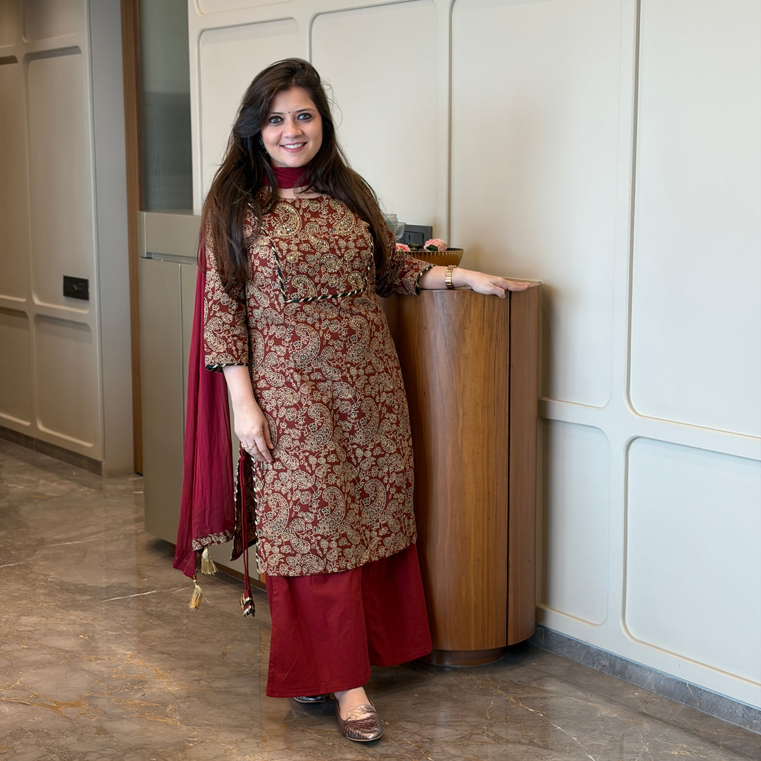 Dastaan Maroon Paisley Printed Cotton Suit Set
