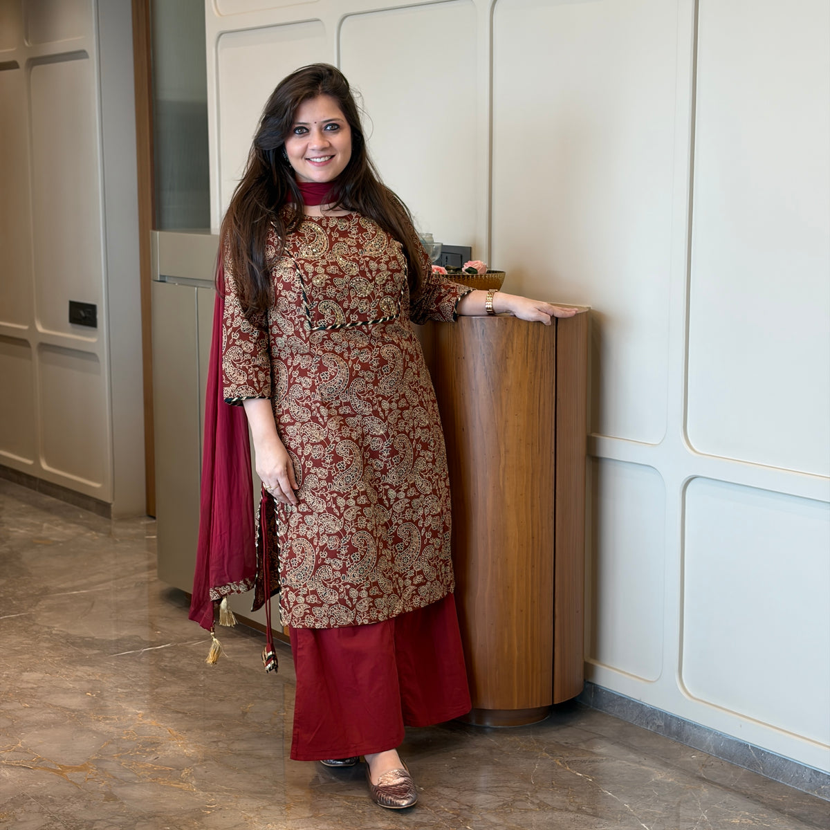 Dastaan Maroon Paisley Printed Cotton Suit Set