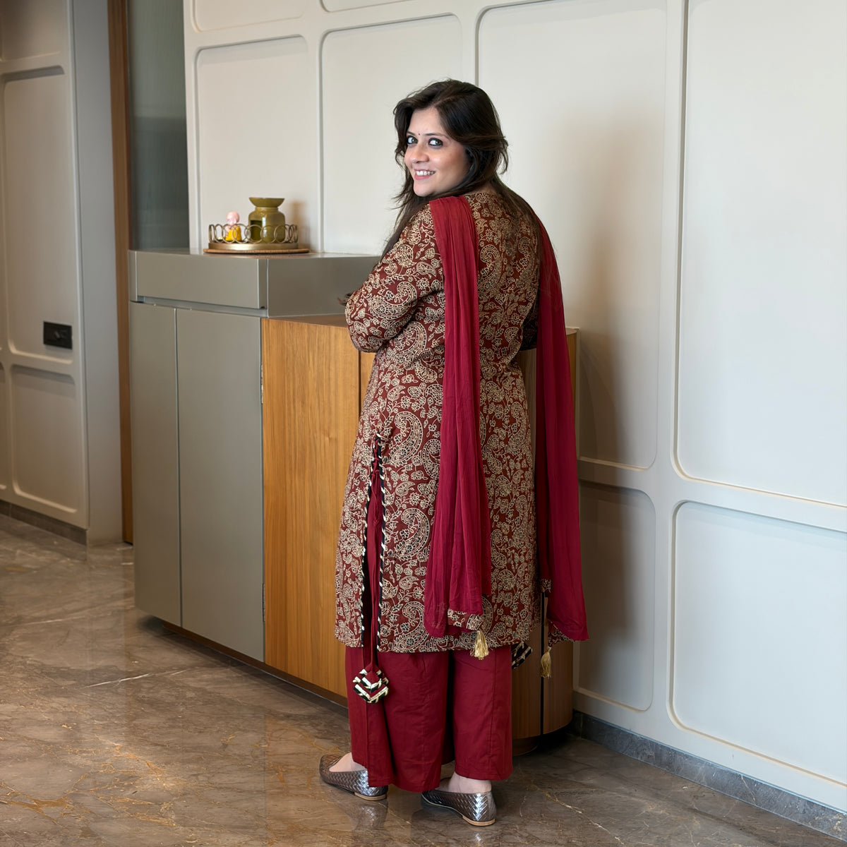 Dastaan Maroon Paisley Printed Cotton Suit Set