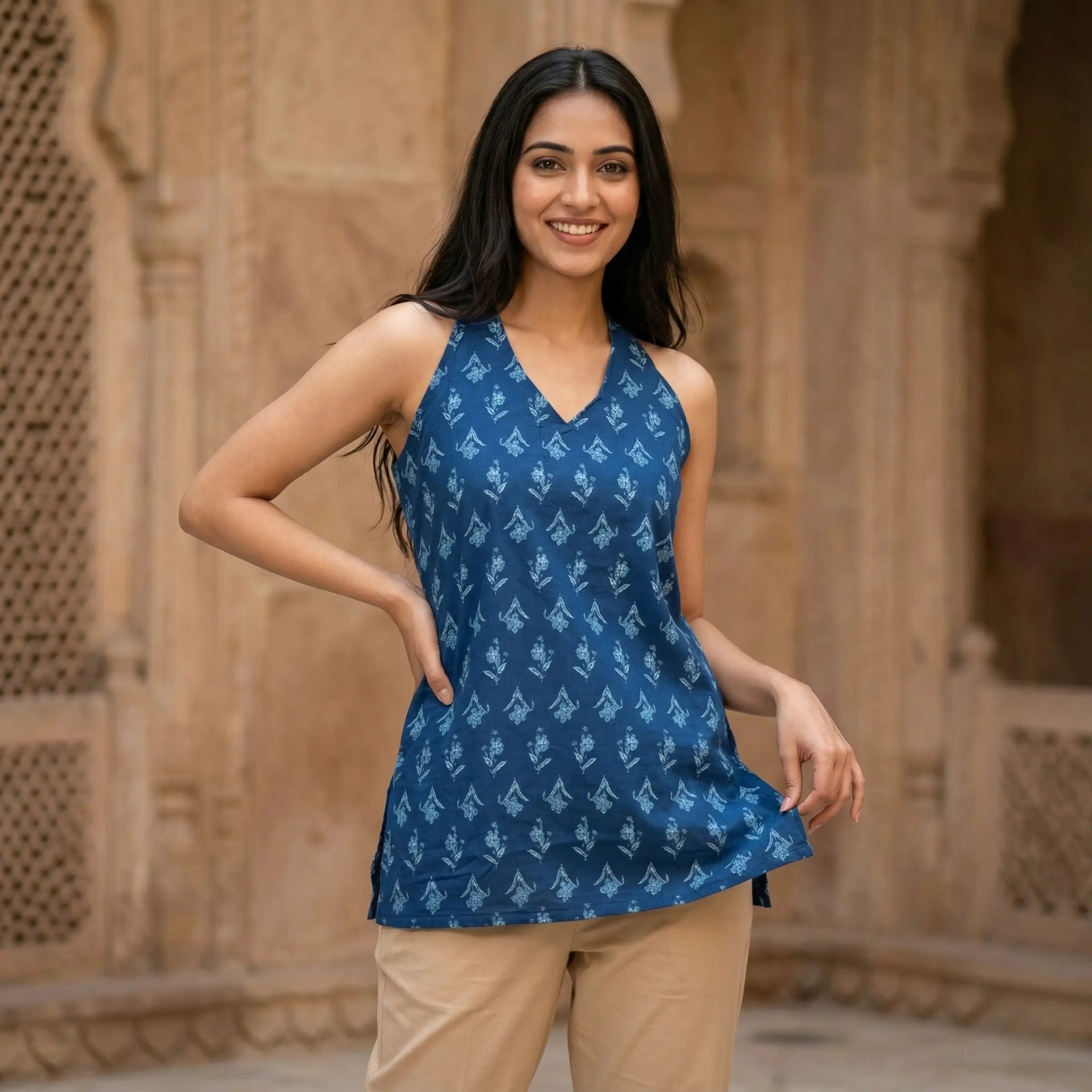 Indigo Bloom Halter Neck Top