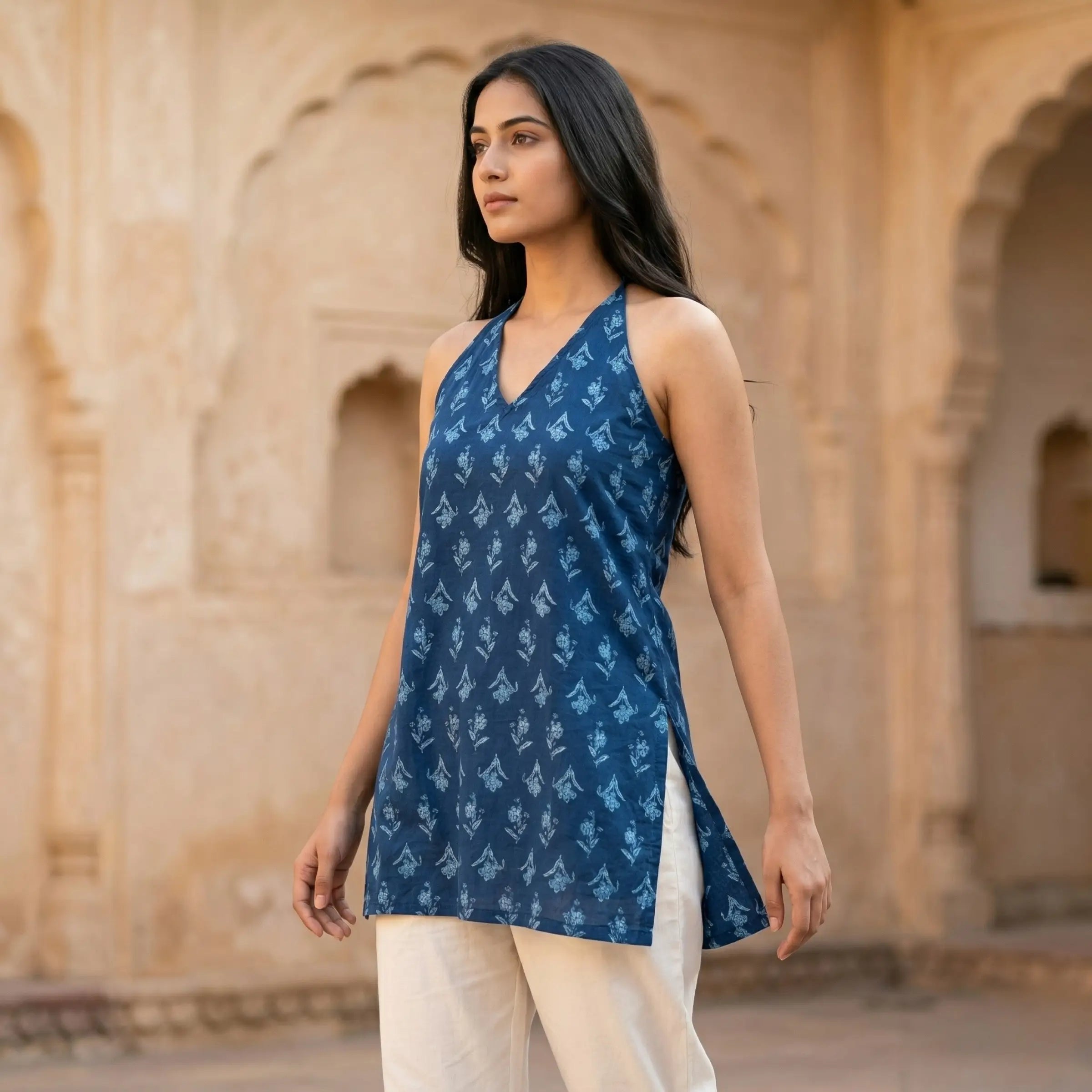 Indigo Bloom Halter Neck Top