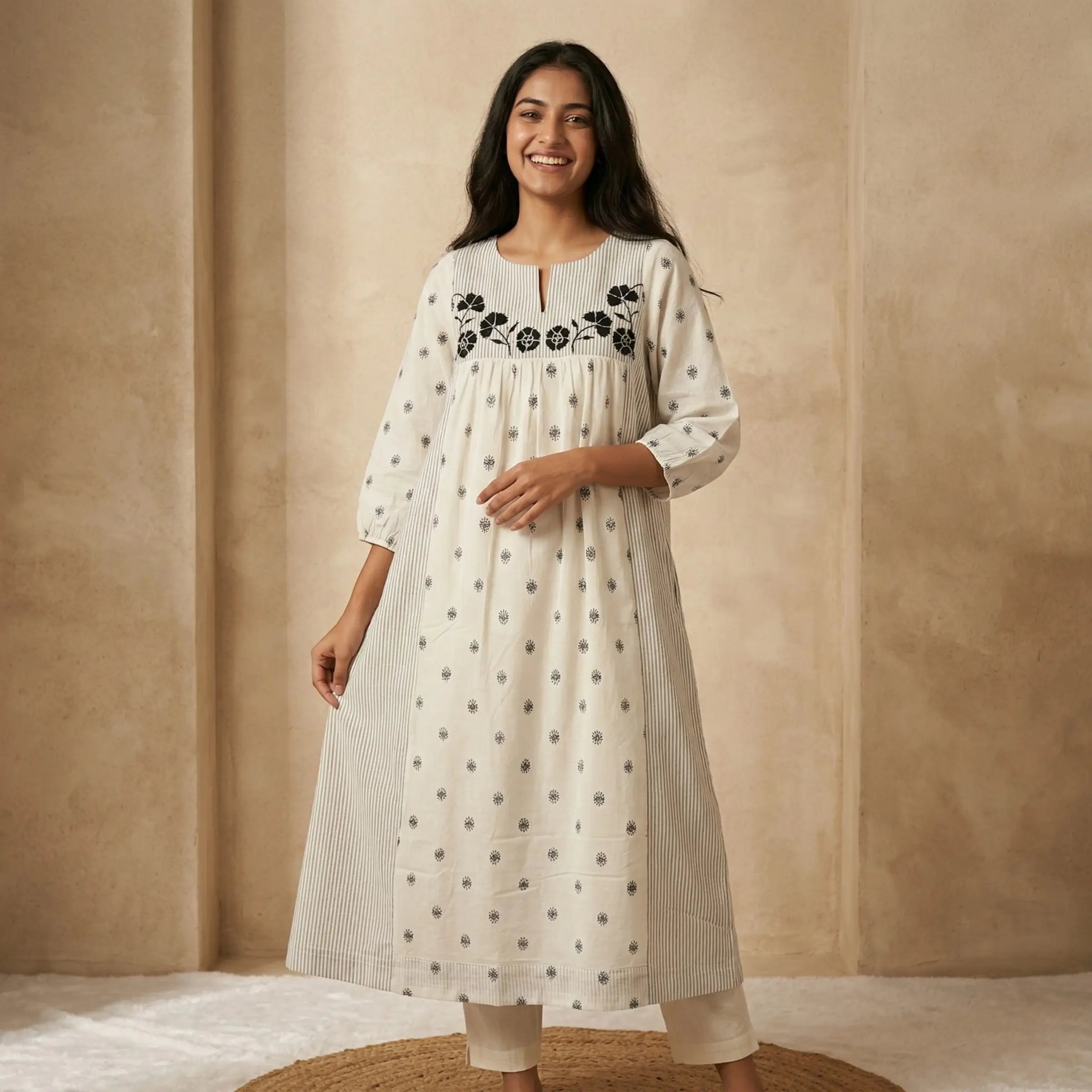 Ivory Noir Bloom A-Line Kurti