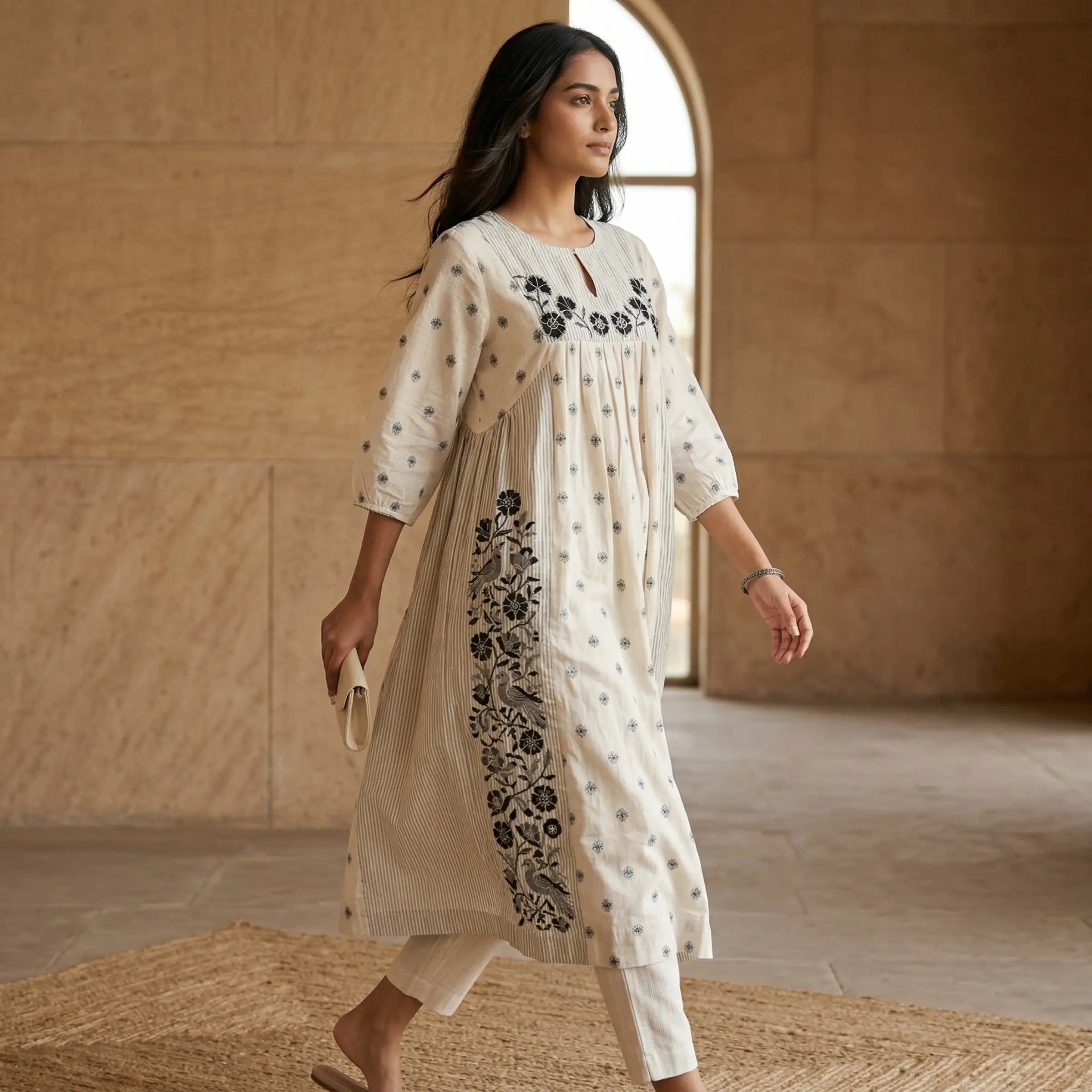 Ivory Noir Bloom A-Line Kurti