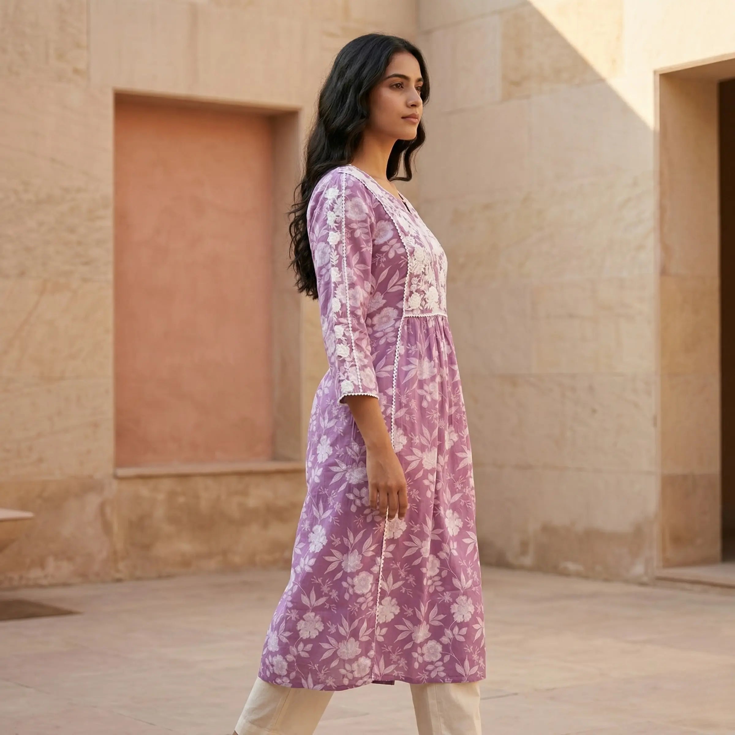 Lilac Floral A-Line Kurti