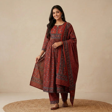 Maroon Floral Cotton 3 Pc Suit Set