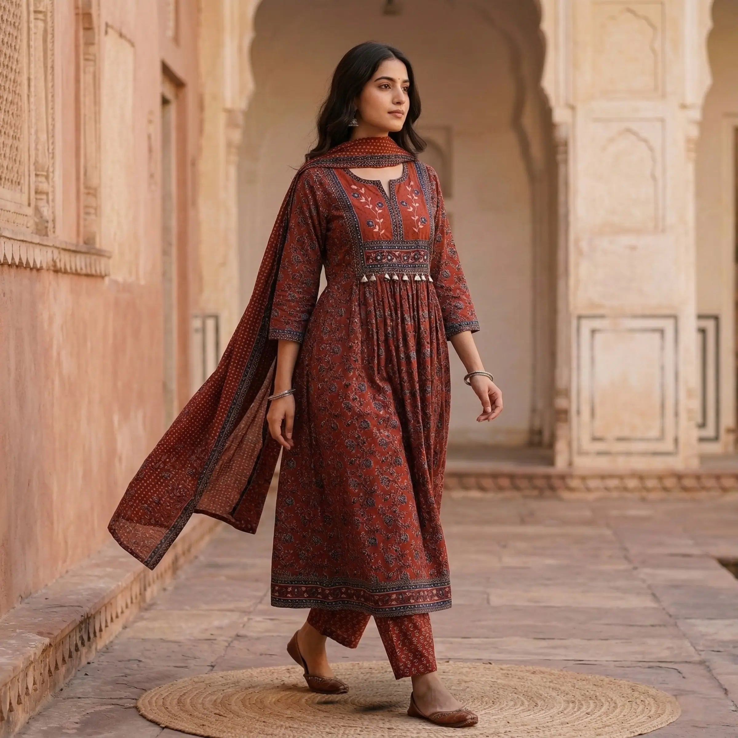 Maroon Floral Cotton 3 Pc Suit Set