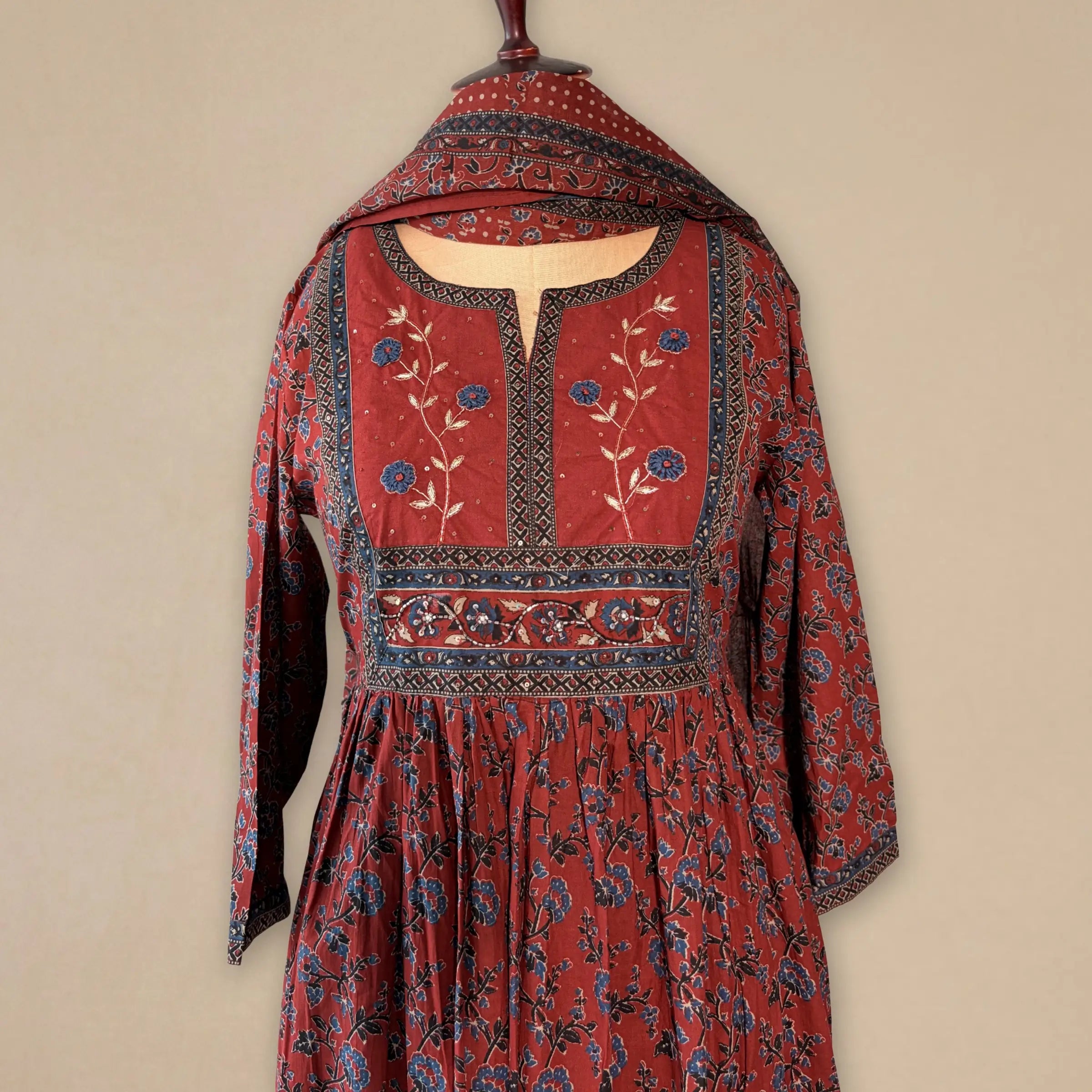 Maroon Floral Cotton 3 Pc Suit Set