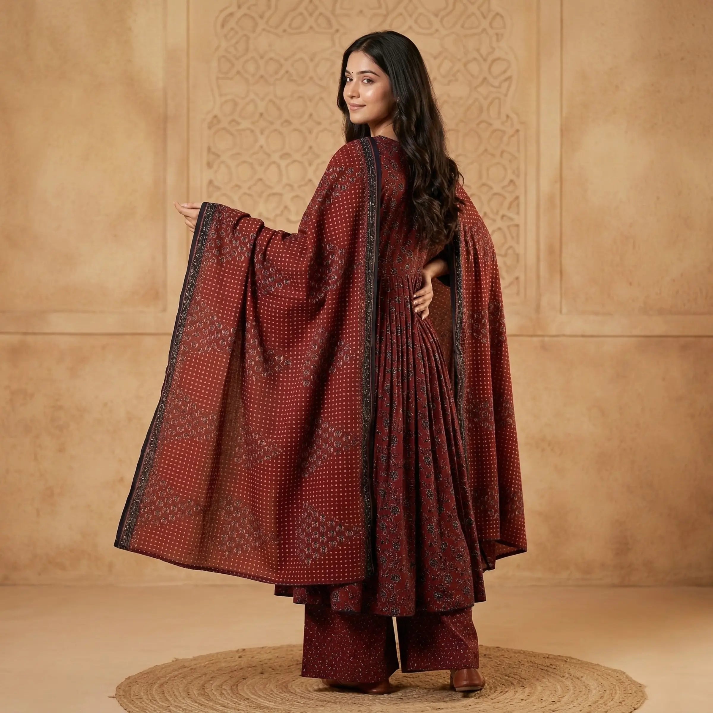 Maroon Floral Cotton 3 Pc Suit Set
