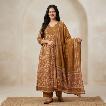 Mehr Mustard Printed Anarkali Set