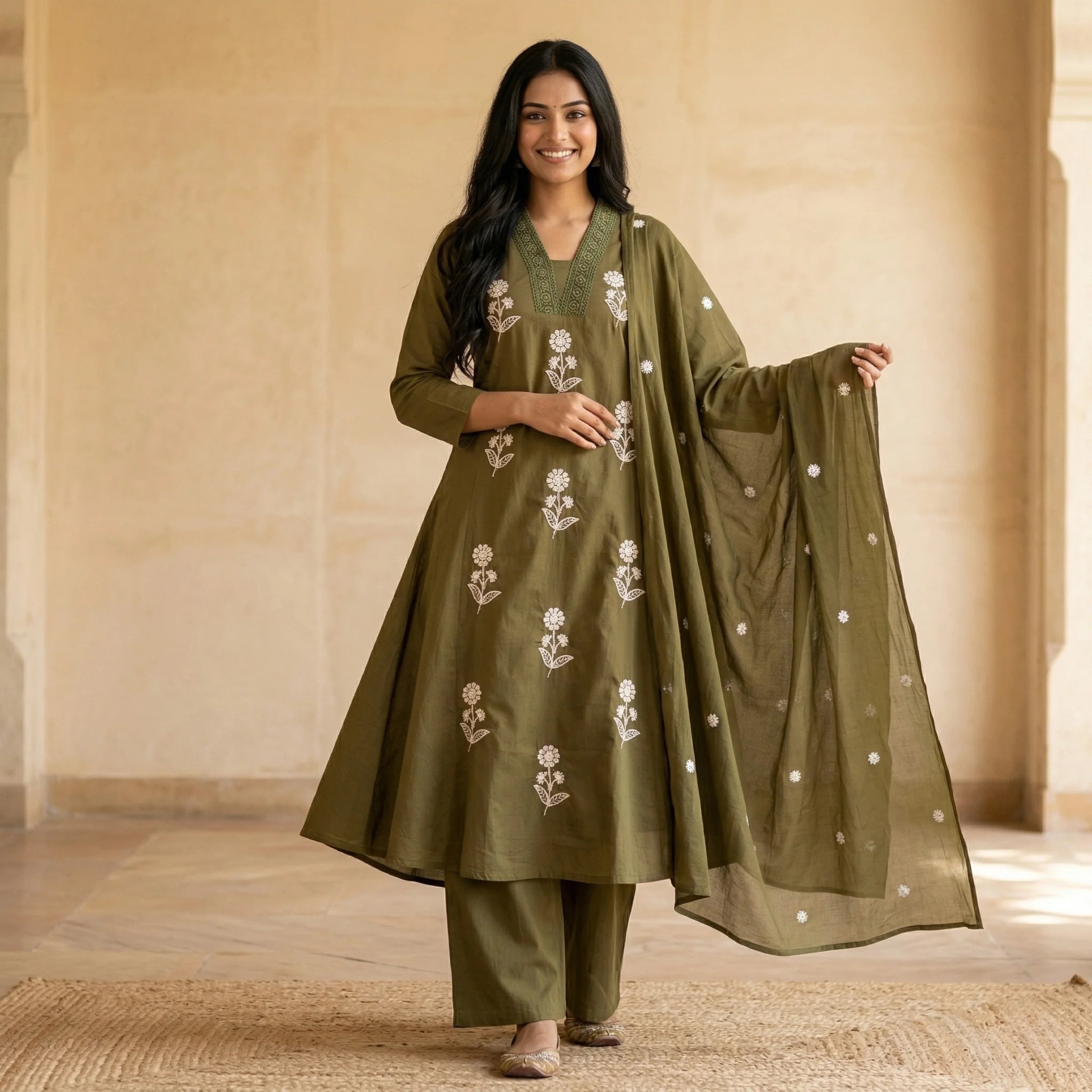 Prakriti Olive Embroidered 3-Piece Set