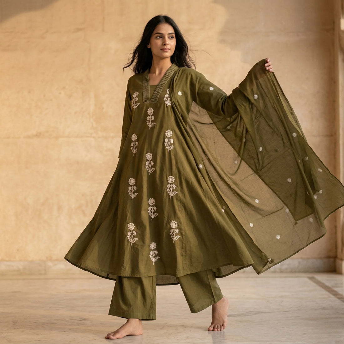 Prakriti Olive Embroidered 3-Piece Set