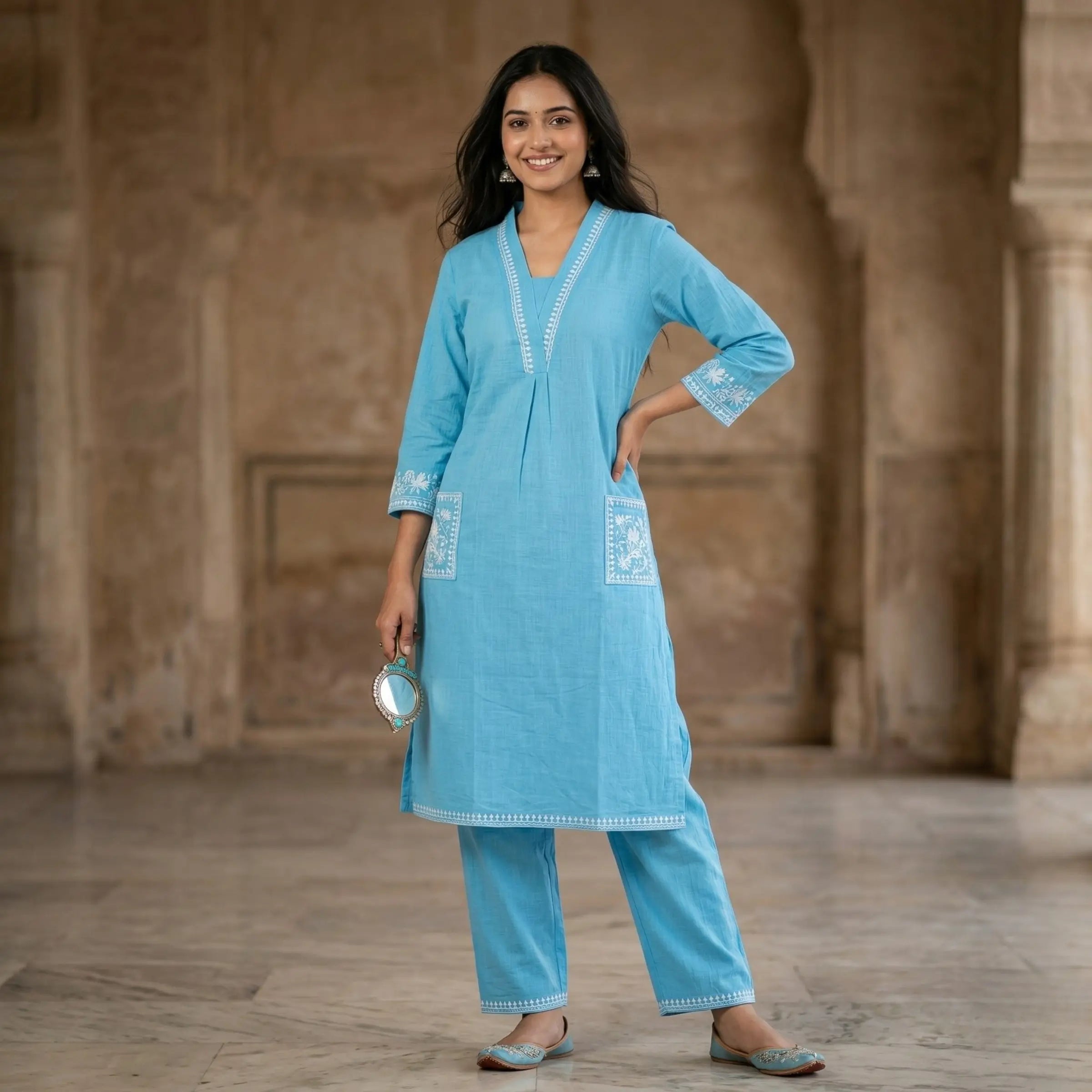 Sky Thread Embroidered Kurta Set