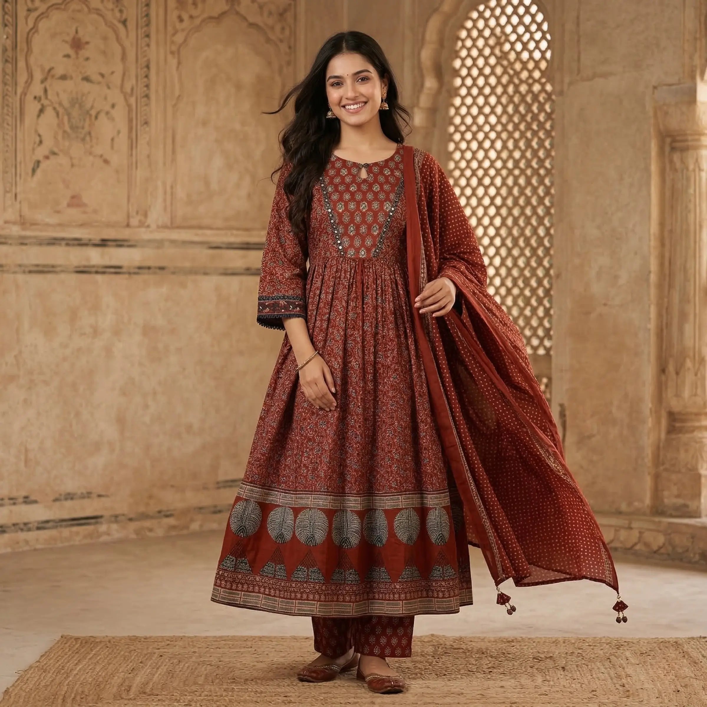 Surmayi Rust Ajrakh Set