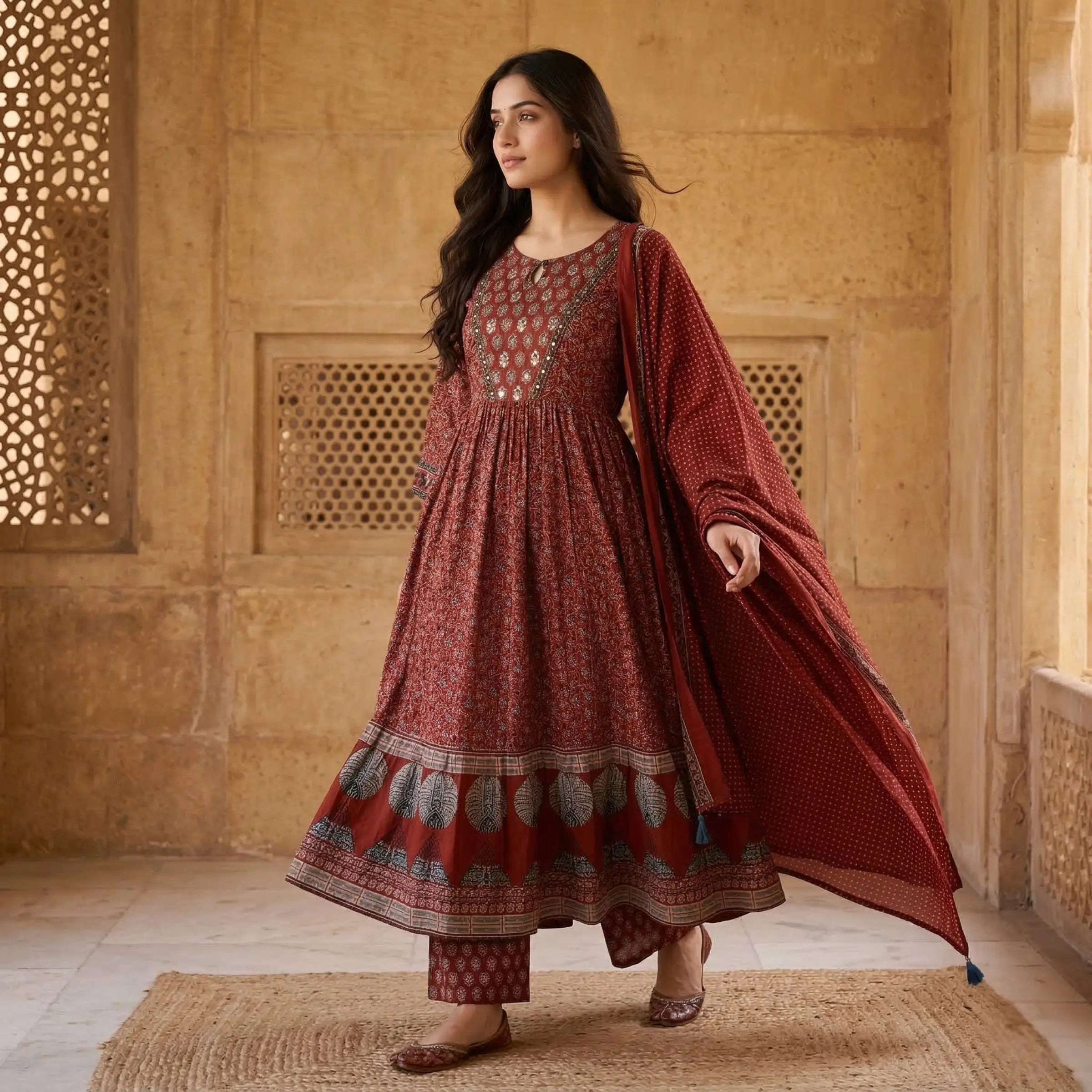 Surmayi Rust Ajrakh Set