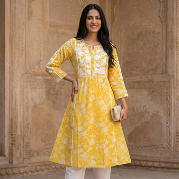 Yellow Floral A-Line Kurti