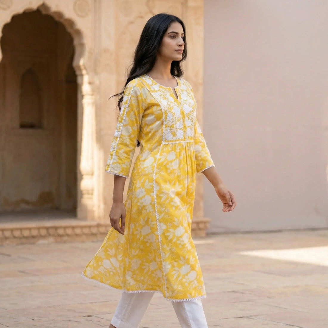 Yellow Floral A-Line Kurti