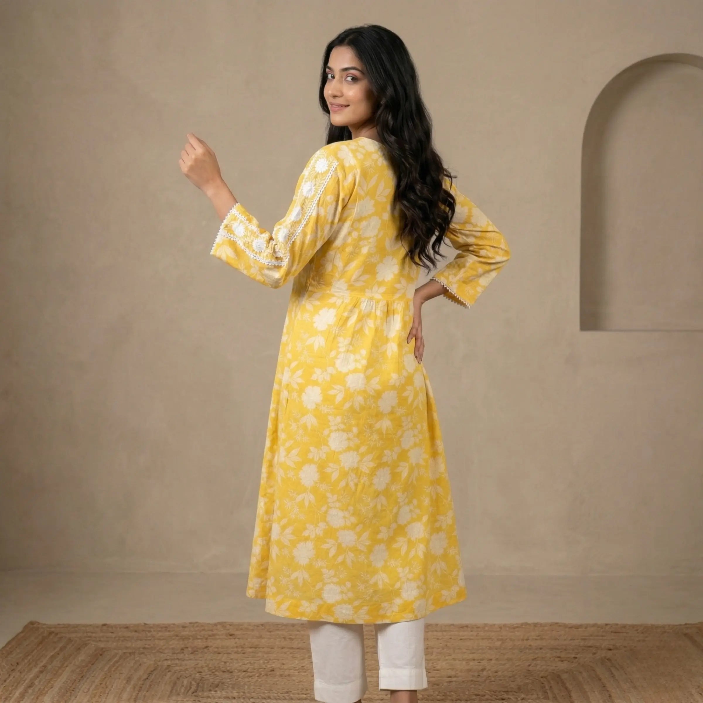 Yellow Floral A-Line Kurti