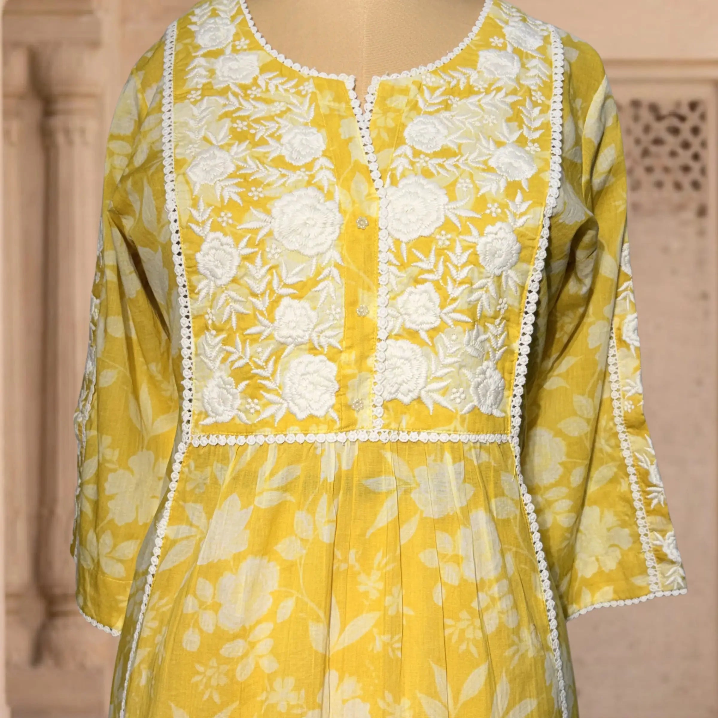 Yellow Floral A-Line Kurti
